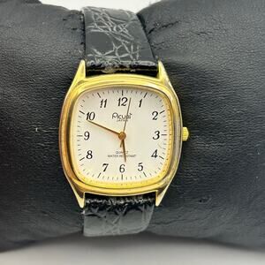Acuet Women's Gold Tone with Black Leather Band Quartz Watch New Battery